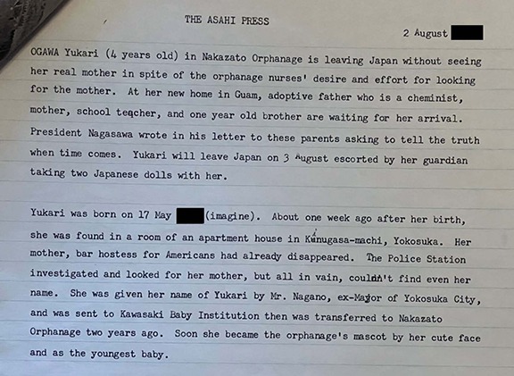 Partial translation of an article in a Japanese newspaper, detailing how baby Valerie came to be at an orphanage. No snacks are mentioned.
